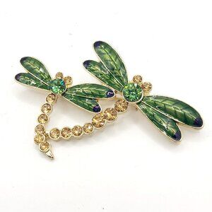 Double Dragonflies Brooch Green/Blue Enamel Wings w/Green and Amber Rhinestones